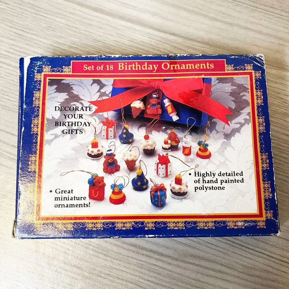 Vintage Set of 18 Birthday Miniature Ornaments Gift Package Tie On Polystone NIB - Picture 1 of 4